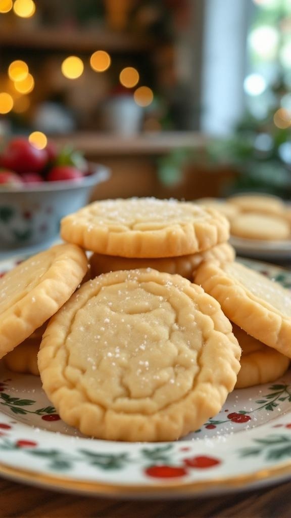 A plate of golden brown sugar cookies arranged neatly, with a sprinkle of sugar on top.