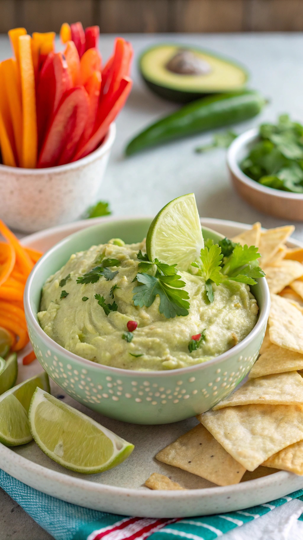 A bowl of creamy avocado and white bean dip with tortilla chips and vegetable sticks on the side, garnished with cilantro and lime.