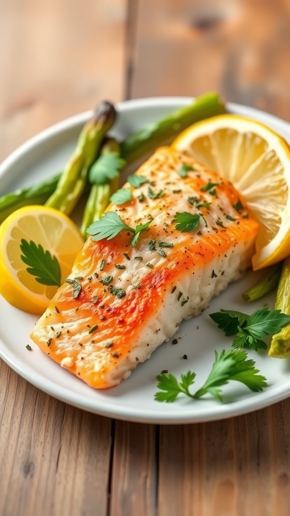 Baked lemon herb salmon fillet garnished with parsley and lemon slices on a white plate with vegetables.