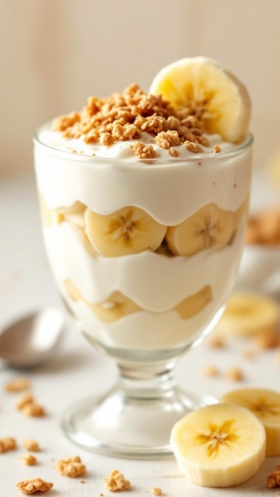 Healthy banana pudding layered with yogurt and bananas, topped with granola in a clear glass.