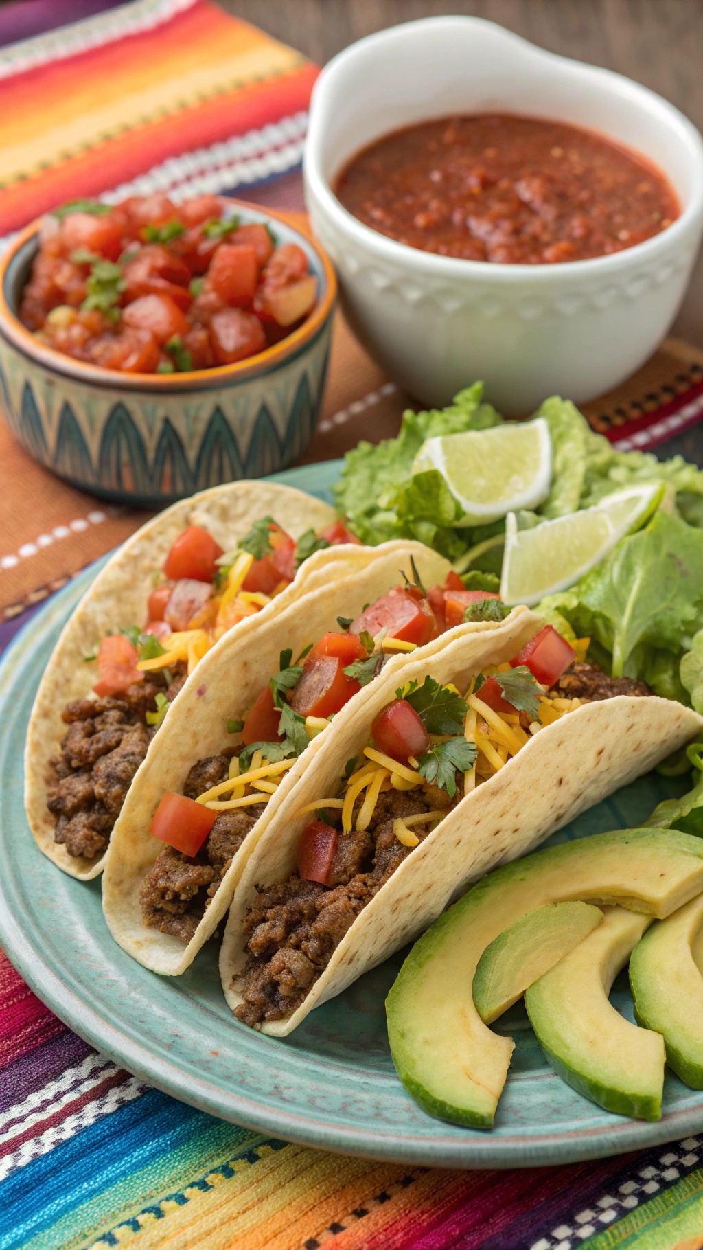 A plate of beef tacos with lettuce, tomatoes, and cheese, served with salsa and avocado.
