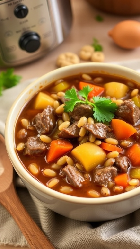 A bowl of beef and barley stew with vegetables, garnished with parsley, on a wooden table.