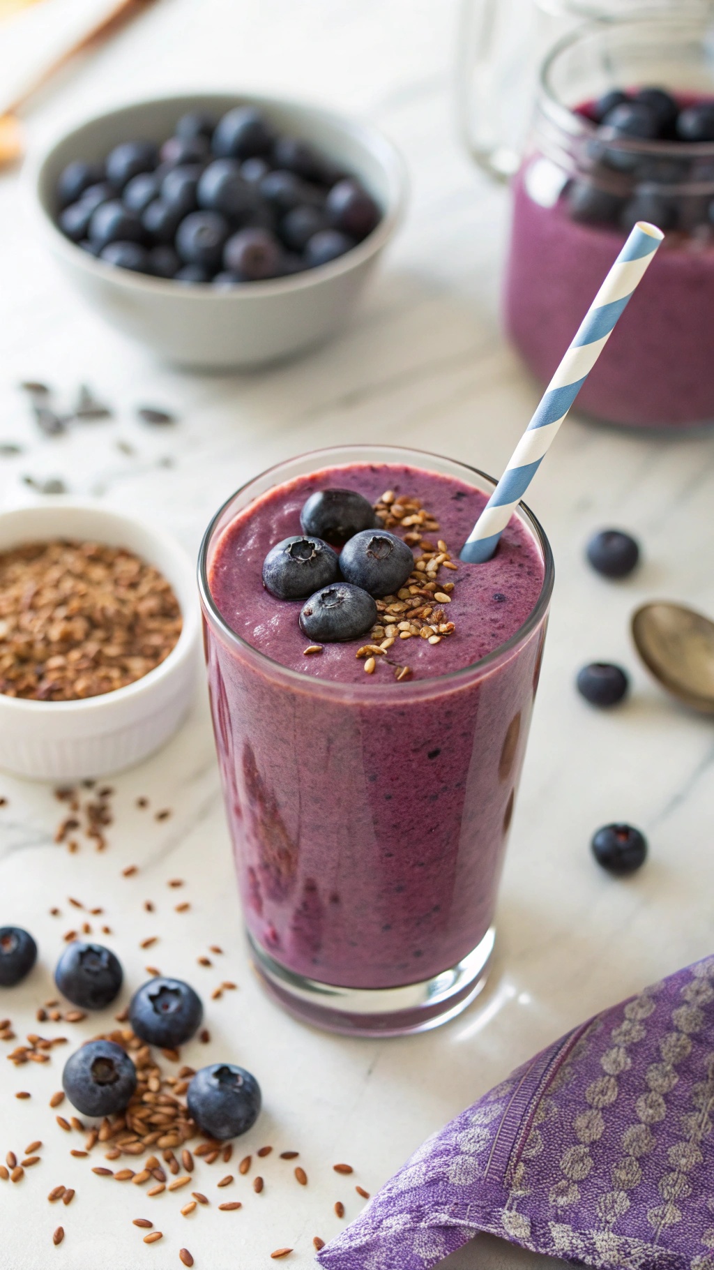 A refreshing blueberry flaxseed smoothie in a glass, garnished with blueberries and flaxseeds on a kitchen countertop.