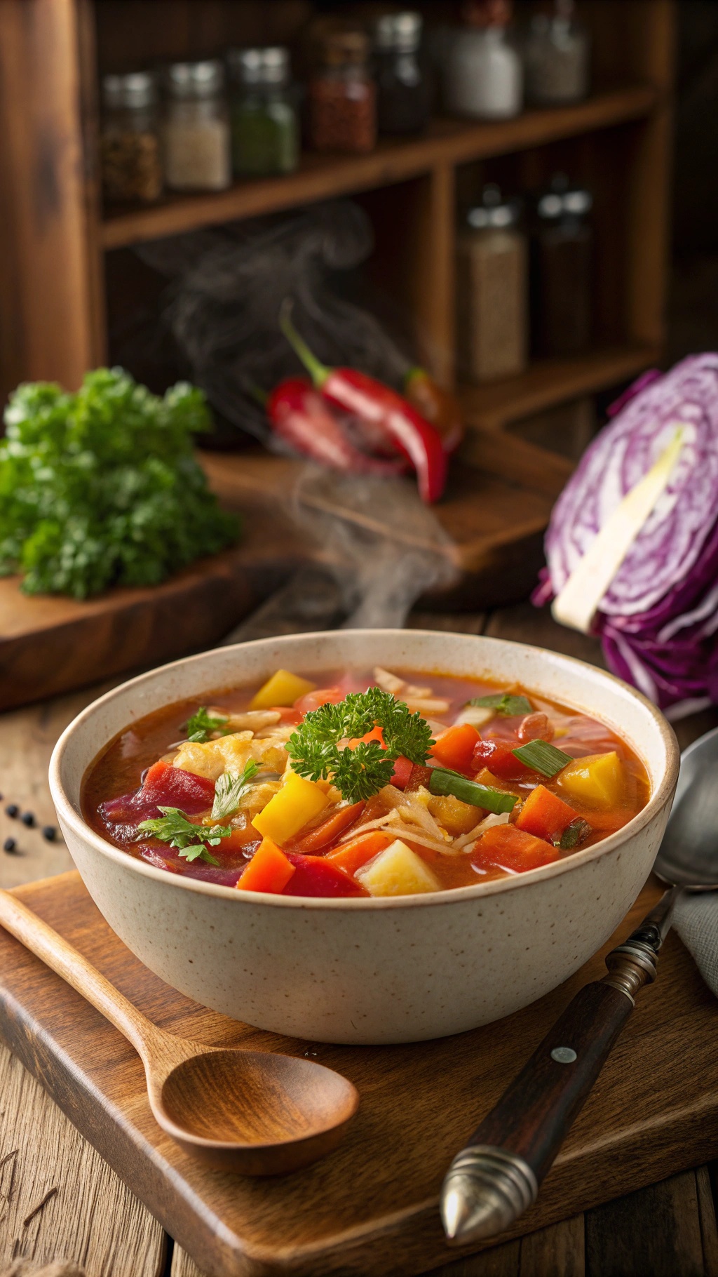 A bowl of cabbage and vegetable soup with carrots and bell peppers, garnished with parsley, on a rustic kitchen table.