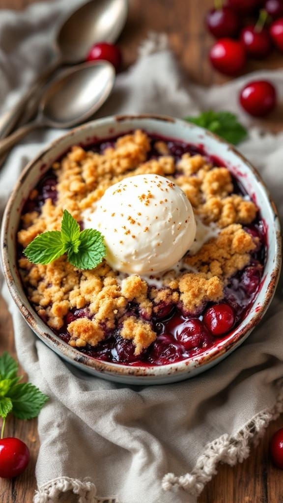A delicious cherry crumble with a golden topping, served warm with vanilla ice cream.