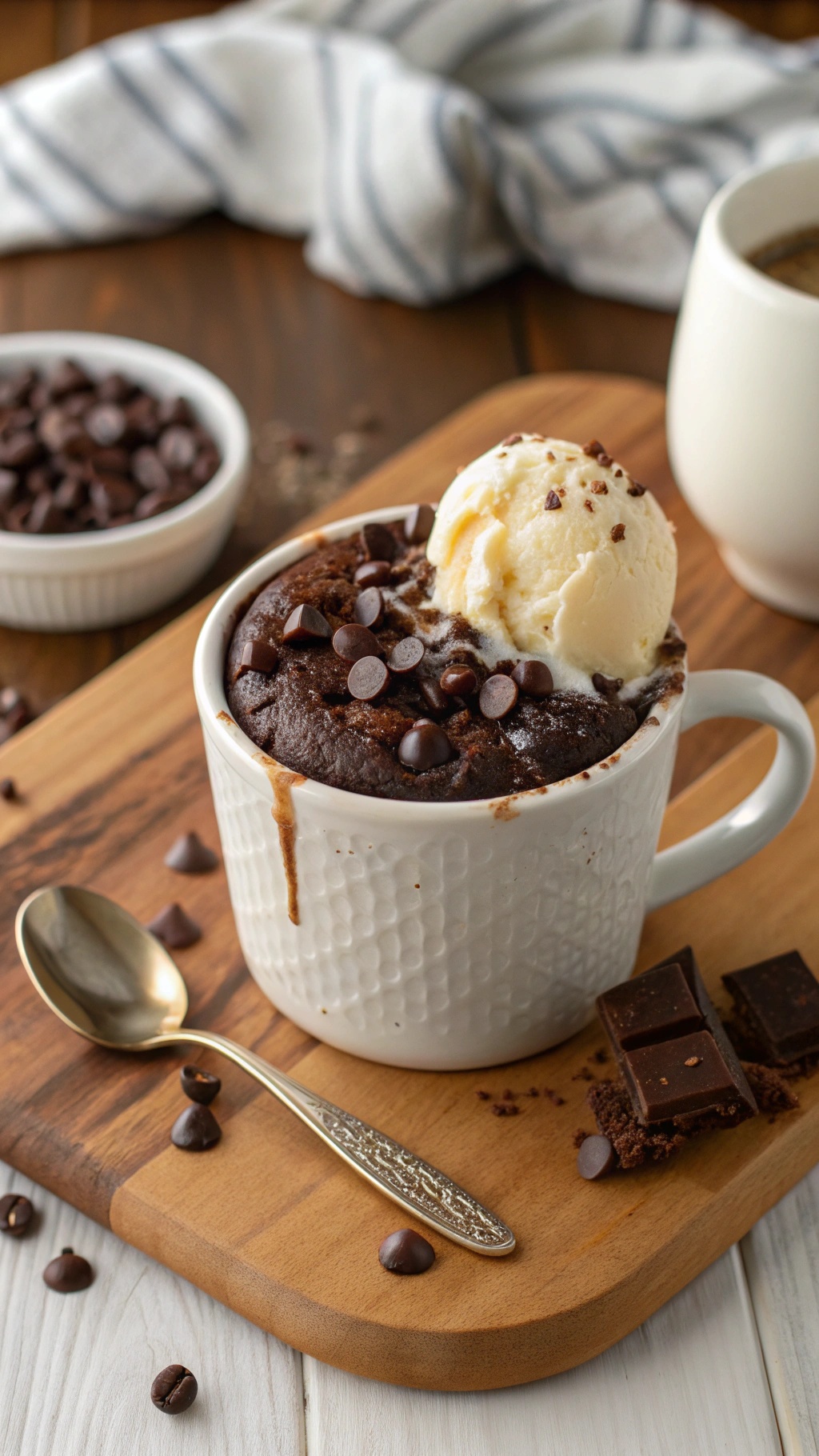 Quick Chocolate Chip Mug Brownie Recipe A chocolate chip mug brownie in a white mug, topped with chocolate chips and ice cream, on a wooden table.