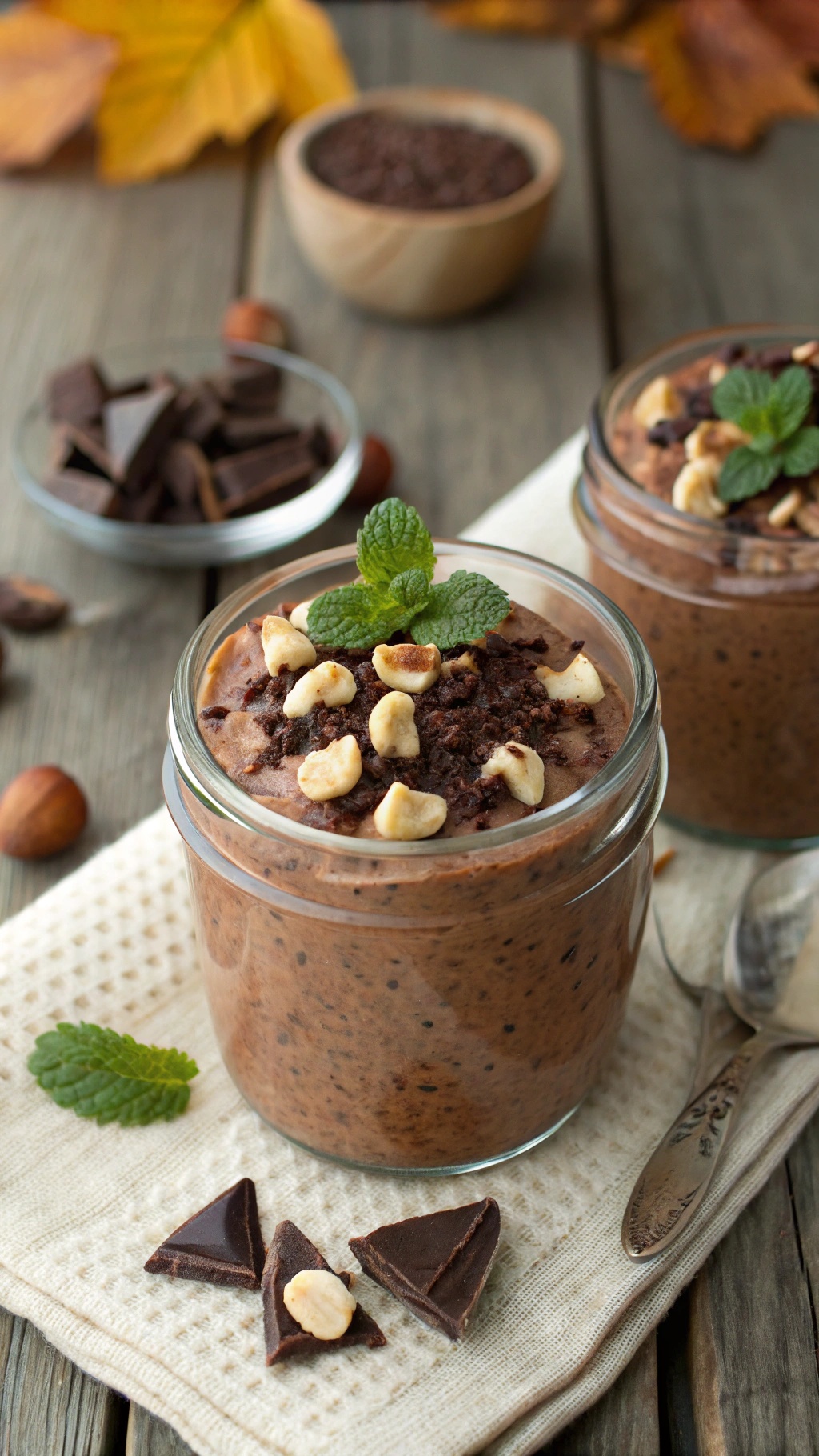 Chocolate hazelnut chia pudding in a glass jar topped with hazelnuts and chocolate shavings on a rustic wooden table.