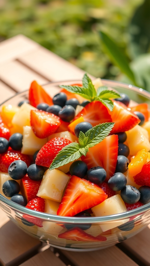 A colorful fruit salad with strawberries, blueberries, oranges, and pineapple, garnished with mint leaves.