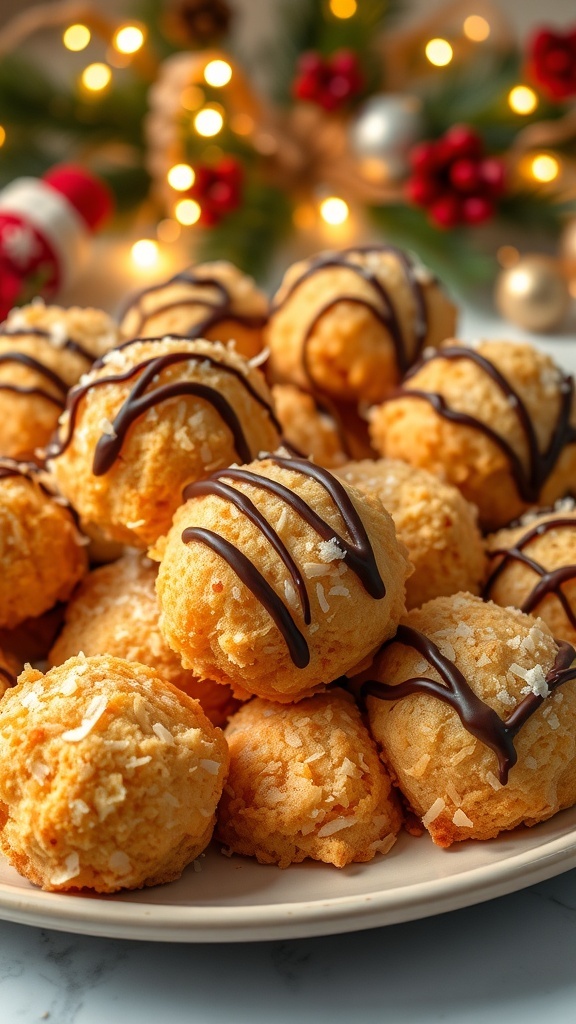 A plate of coconut macaroons, some drizzled with chocolate, set against a festive holiday backdrop.