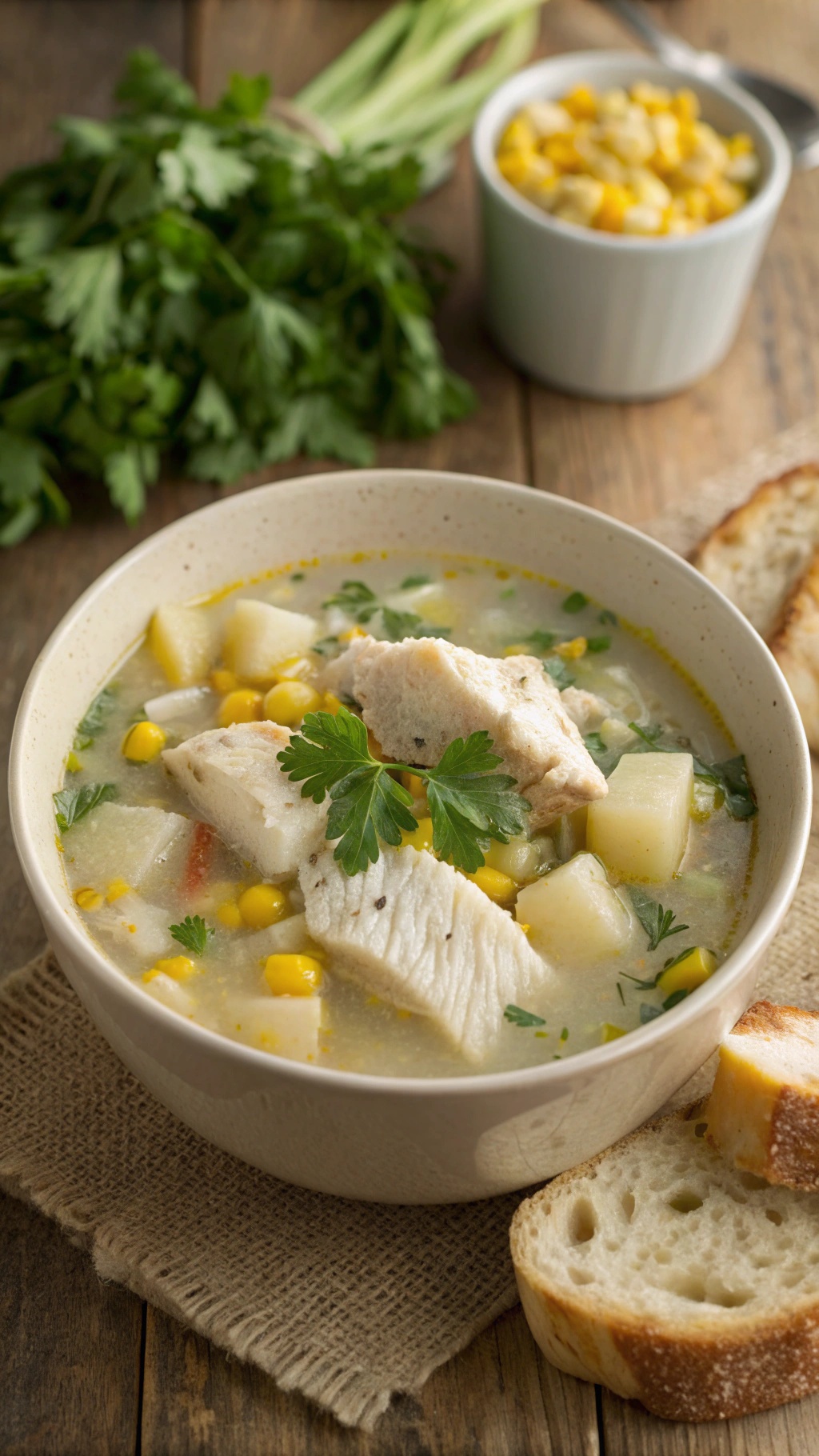 A bowl of healthy fish chowder with fish, potatoes, corn, and parsley on a wooden table with bread.