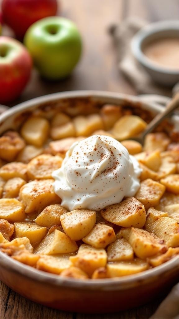 Healthy Apple Cinnamon Cobbler Recipe A delicious apple cinnamon cobbler with a golden topping and baked apple slices, served with yogurt on a rustic table.