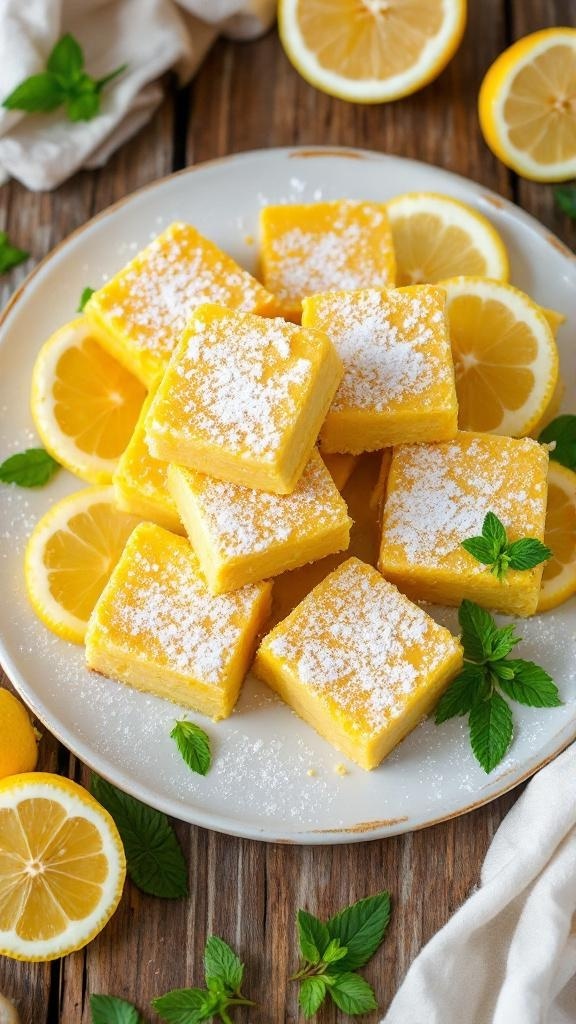 Healthy lemon brownies on a plate, garnished with lemon slices and mint, on a wooden table.