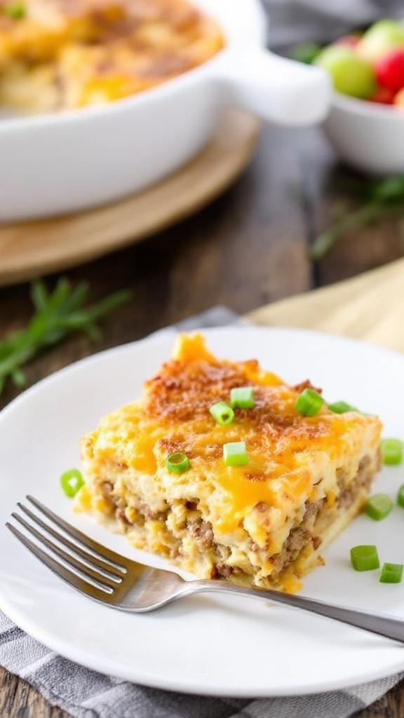 A slice of sausage hashbrown breakfast casserole on a plate, garnished with green onions, alongside a bowl of fruit.