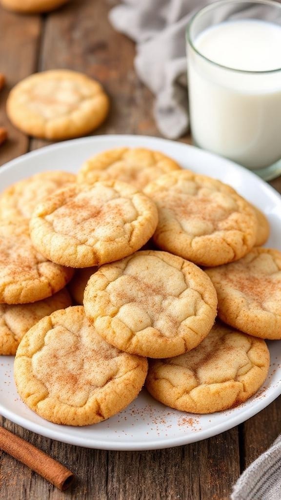 A plate of golden-brown snickerdoodle cookies dusted with cinnamon sugar, accompanied by a glass of milk.
