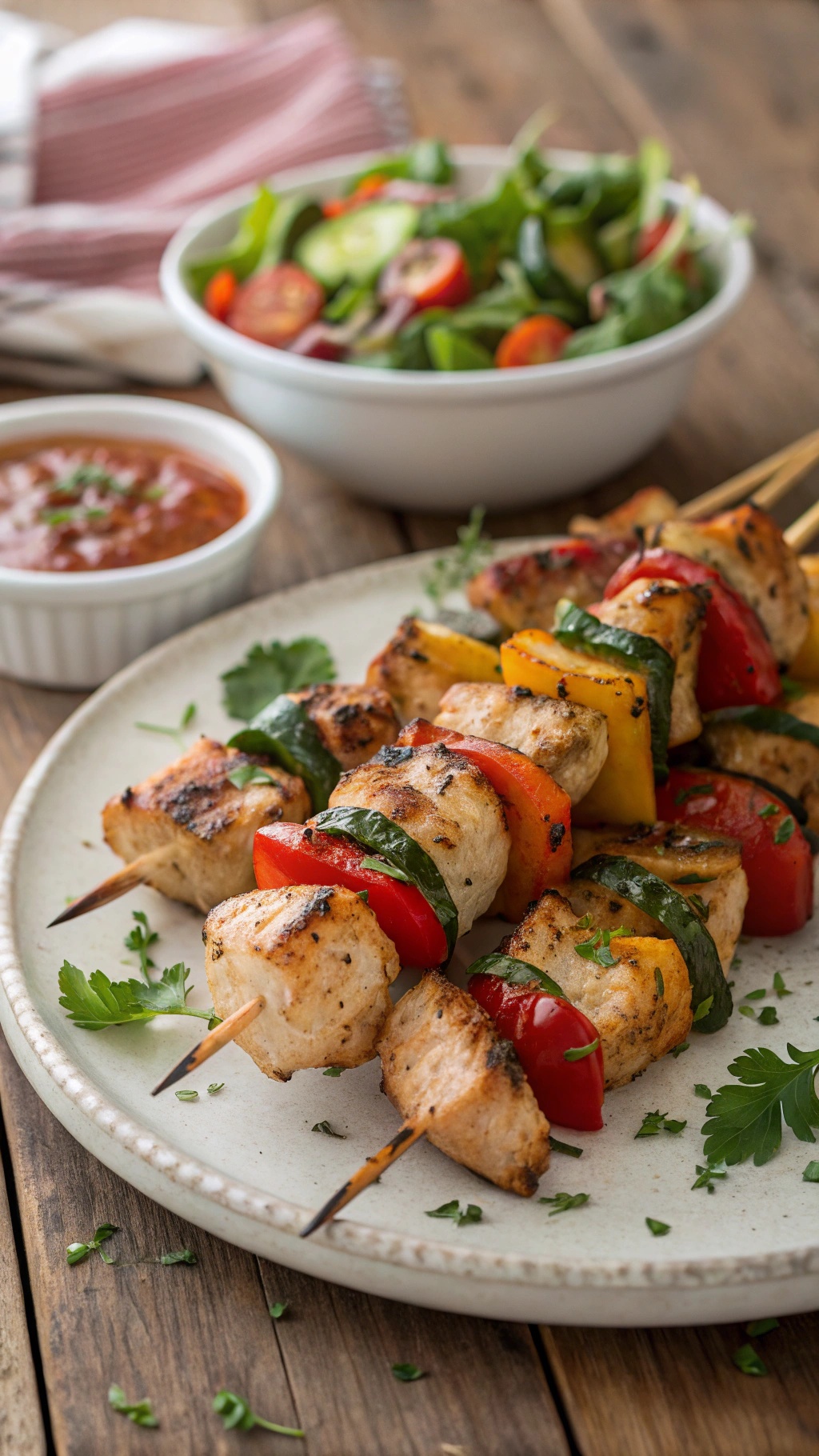 Succulent Low-Carb Grilled Chicken Skewers Recipe Grilled chicken skewers with bell peppers and zucchini on a plate with dipping sauce.