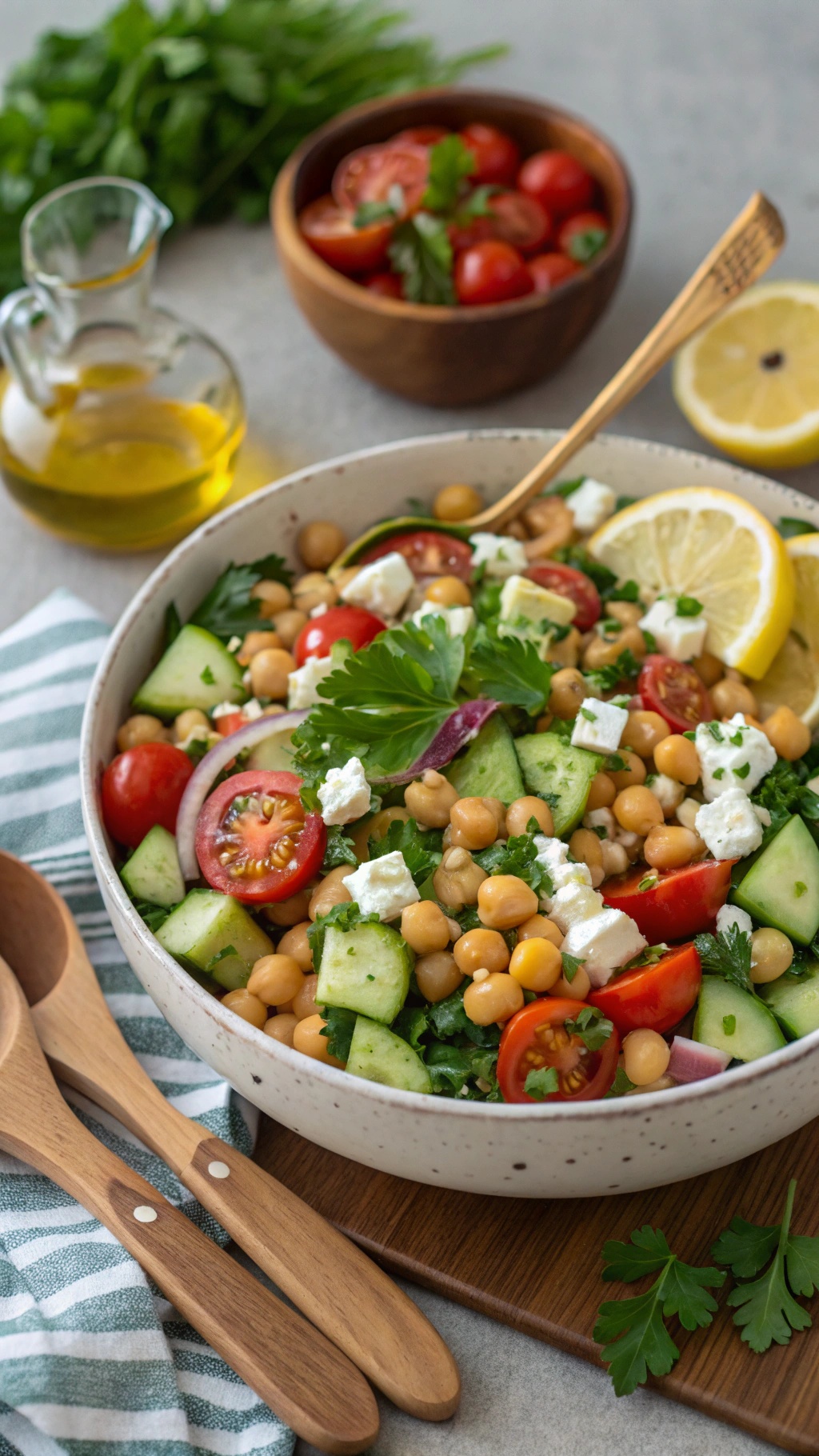 A colorful Mediterranean chickpea salad with cucumbers, tomatoes, feta, and parsley in a bowl on a rustic table.