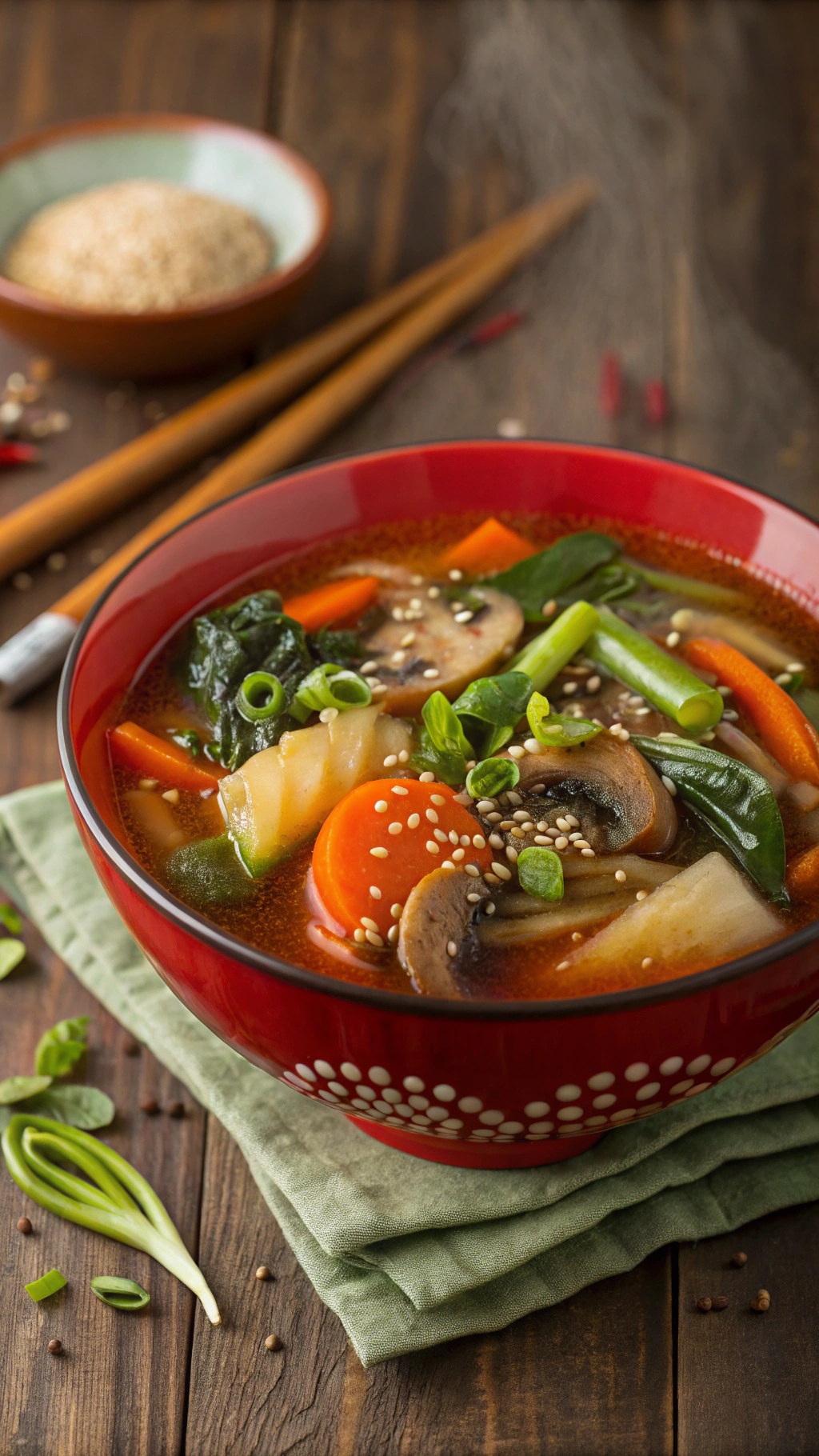 A bowl of miso vegetable soup with carrots, mushrooms, bok choy, garnished with green onions and sesame seeds on a wooden table.