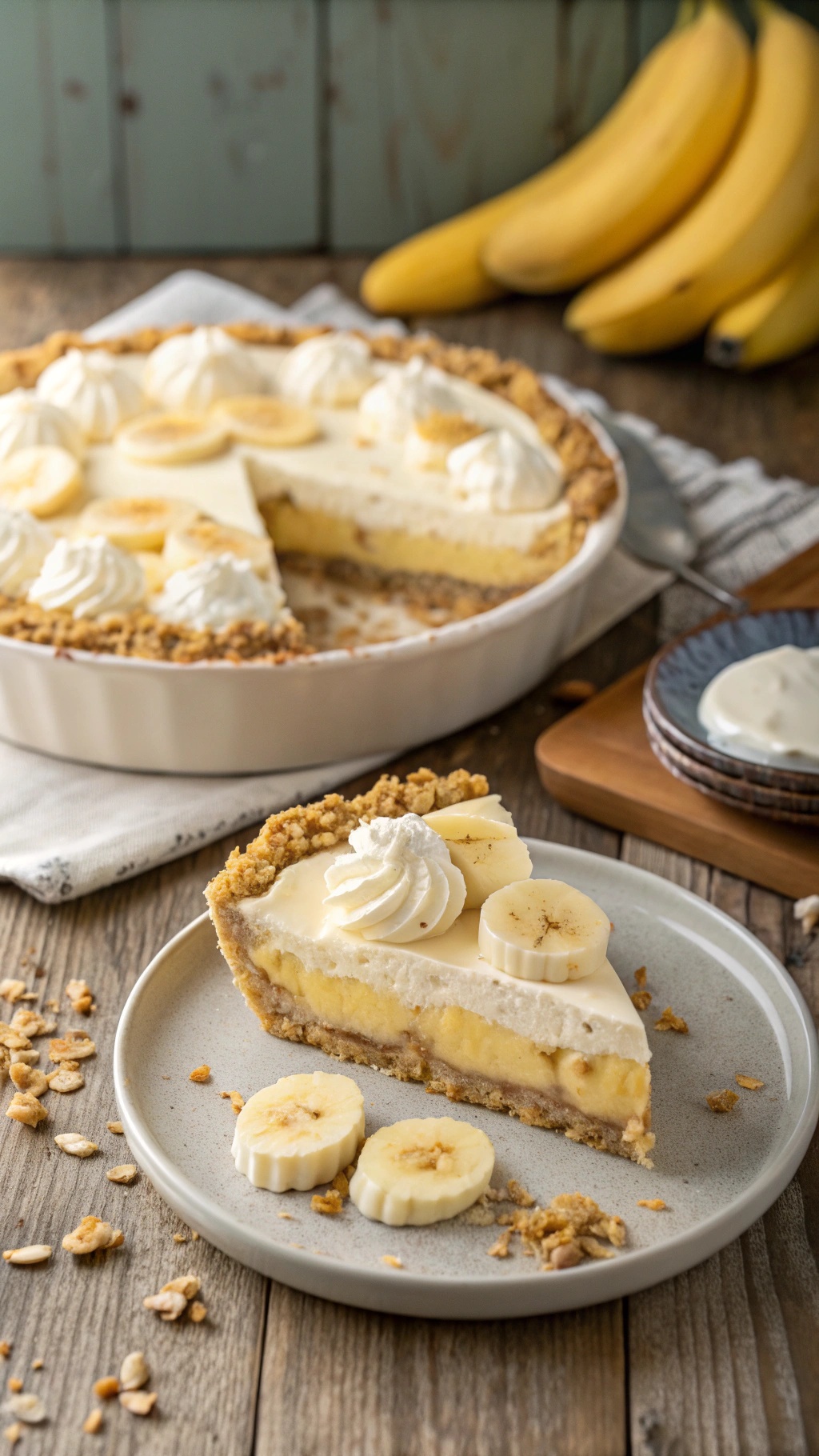 No-bake banana cream pie with oat-nut crust, creamy filling, and banana slices on top, served on a wooden table.