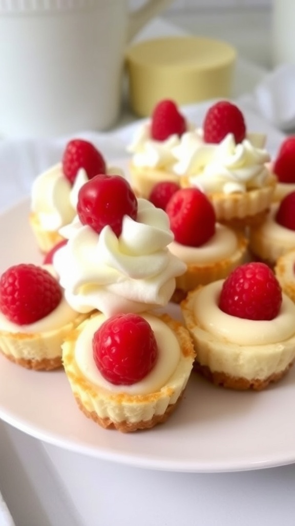 No-bake cheesecake bites on a plate topped with whipped cream and berries, set in a cozy kitchen.