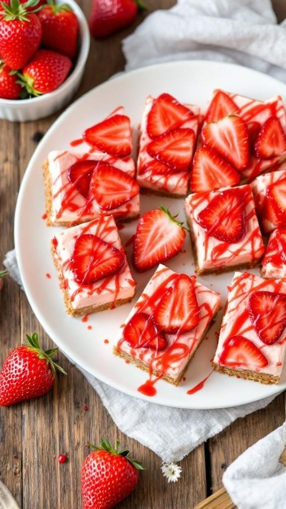 No-bake strawberry cheesecake bars with fresh strawberries on top, served on a white plate.