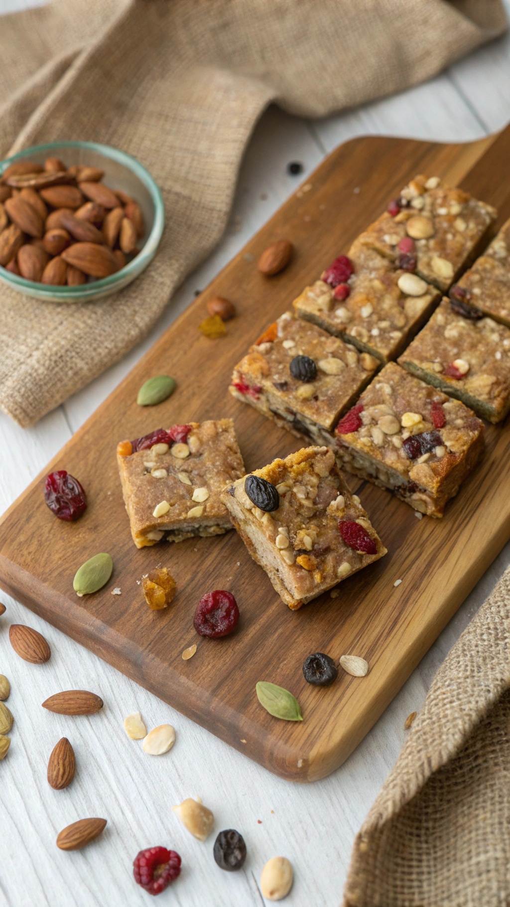 Nutty trail mix bars with nuts and dried fruits on a wooden board.