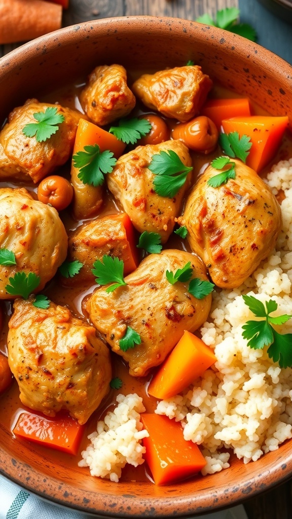 A bowl of Moroccan chicken tagine with vegetables and couscous, garnished with cilantro.