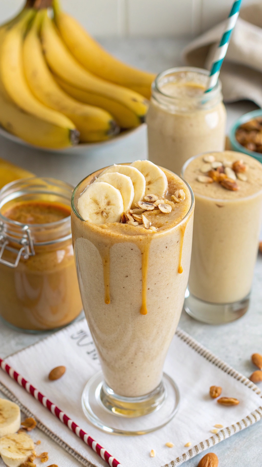 A creamy peanut butter banana smoothie in a glass with banana slices and peanut butter drizzle, surrounded by bananas and peanut butter jar.
