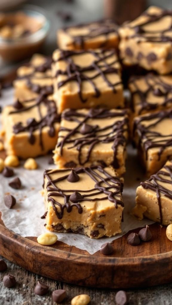Healthy peanut butter buckeye bars drizzled with chocolate on a wooden platter.