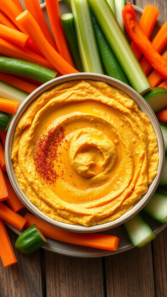 Creamy Pumpkin Hummus Recipe A bowl of pumpkin hummus garnished with olive oil and paprika, surrounded by fresh vegetables for dipping.