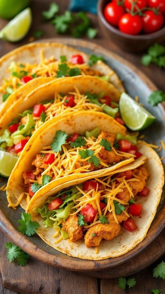 Spicy Chicken Tacos Recipe A plate of spicy chicken tacos with toppings of lettuce, tomatoes, cheese, and lime wedges.