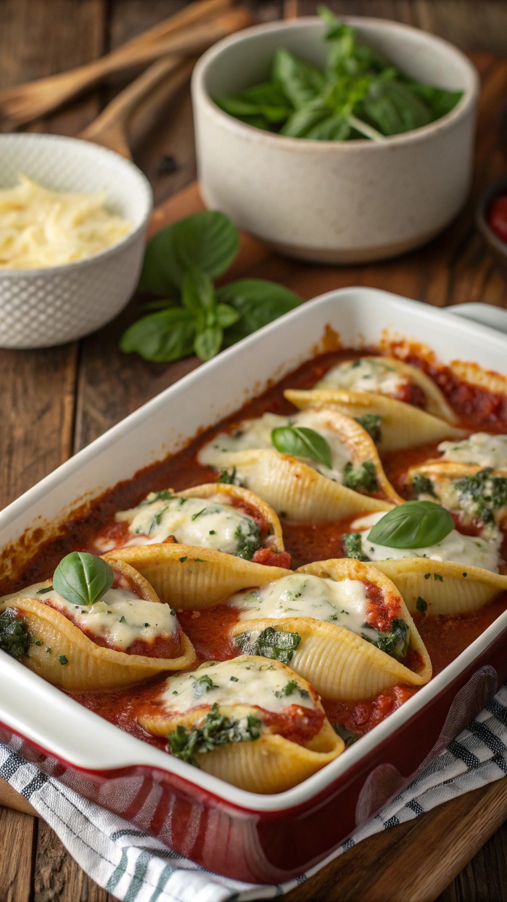 Baking dish of spinach and ricotta stuffed shells with marinara sauce and melted cheese, garnished with basil.