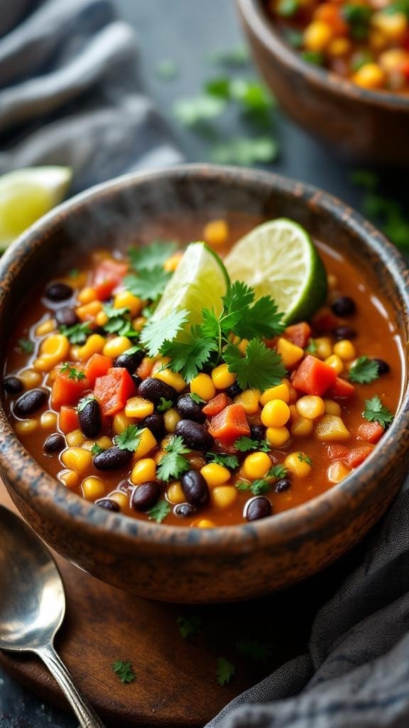 A hearty bowl of taco soup with beans, corn, tomatoes, garnished with cilantro and lime, on a wooden table.