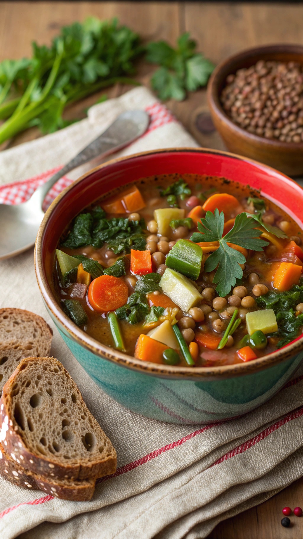 A bowl of vegetable lentil soup with carrots, celery, spinach, and lentils, garnished with parsley, alongside a slice of whole grain bread.