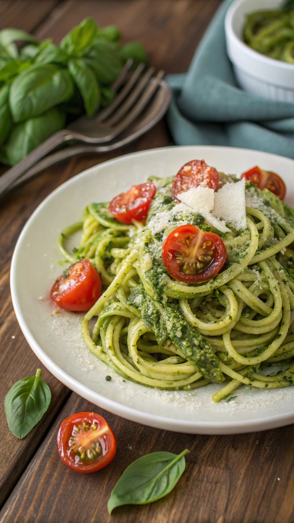 Zucchini noodles with pesto sauce, garnished with cherry tomatoes and Parmesan cheese on a rustic table.