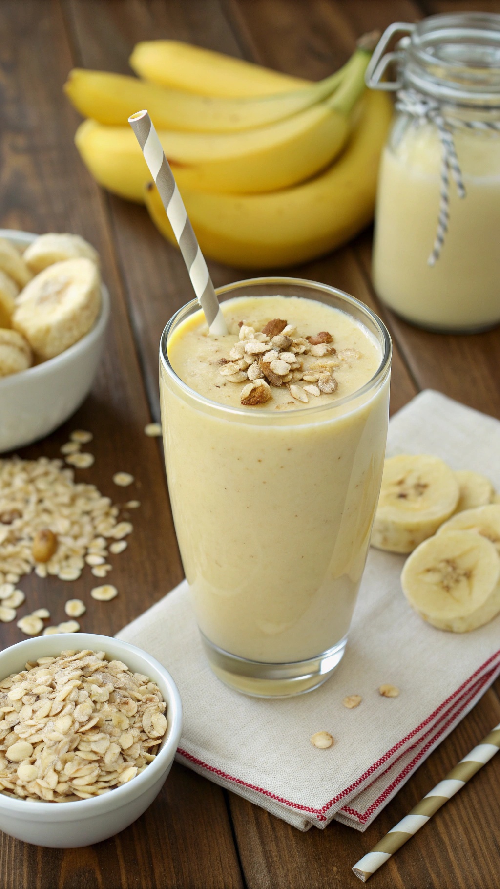 A glass of banana oatmeal smoothie topped with oats and nuts, with fresh bananas and oats in the background.