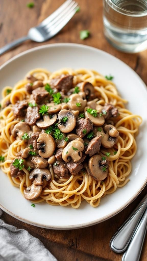 Healthy beef stroganoff with mushrooms over whole grain noodles, garnished with parsley on a rustic table.