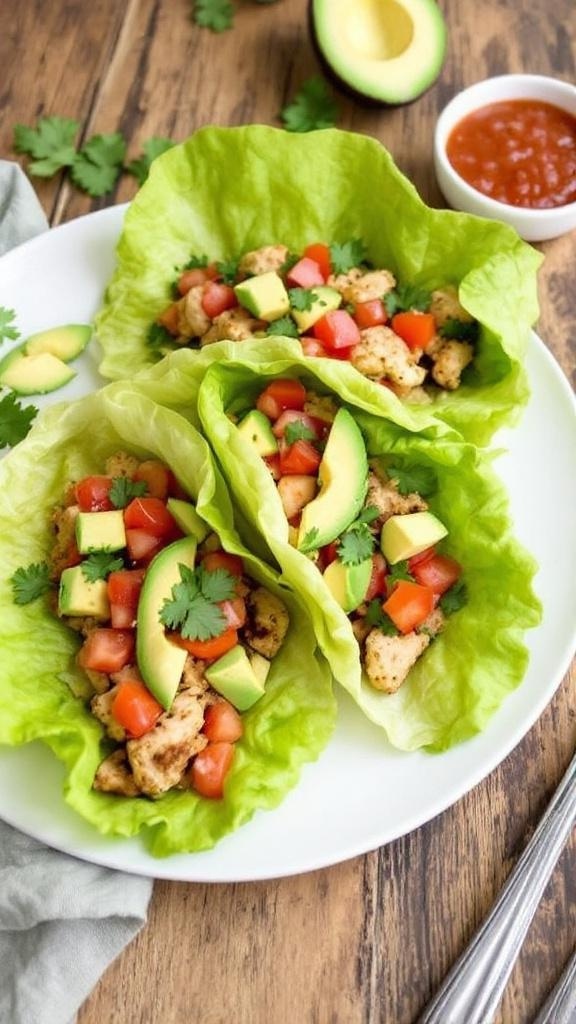 Low carb chicken tacos in lettuce wraps with tomatoes and avocado, garnished with cilantro and salsa on a wooden table.