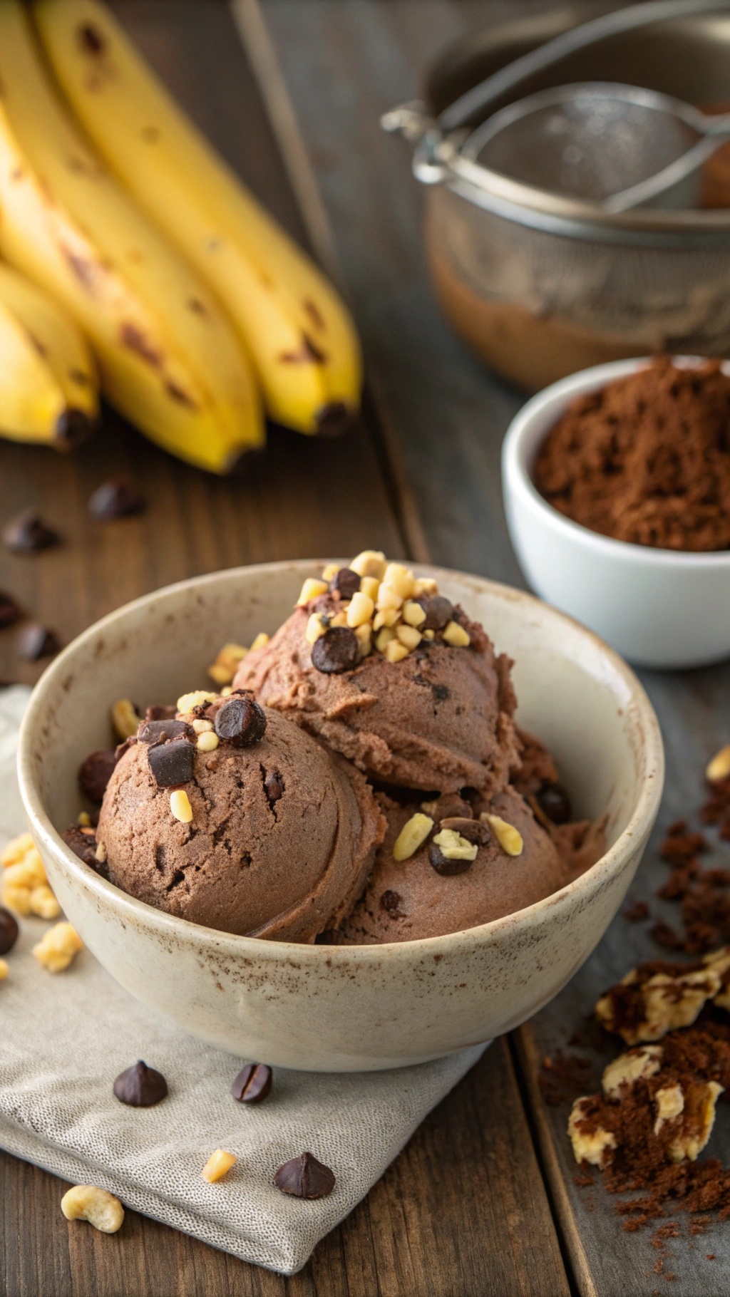 A bowl of chocolate banana ice cream topped with nuts and chocolate chips on a rustic table with bananas.