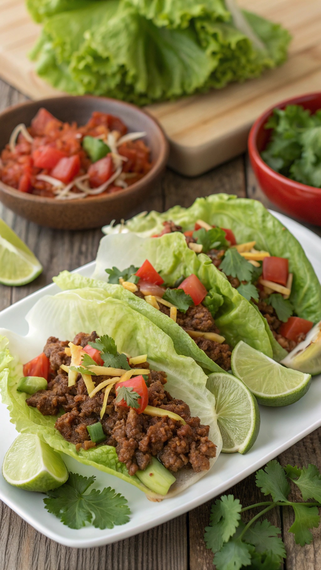 Low carb tacos in lettuce wraps filled with ground meat, tomatoes, cheese, and avocado, garnished with cilantro on a rustic table.