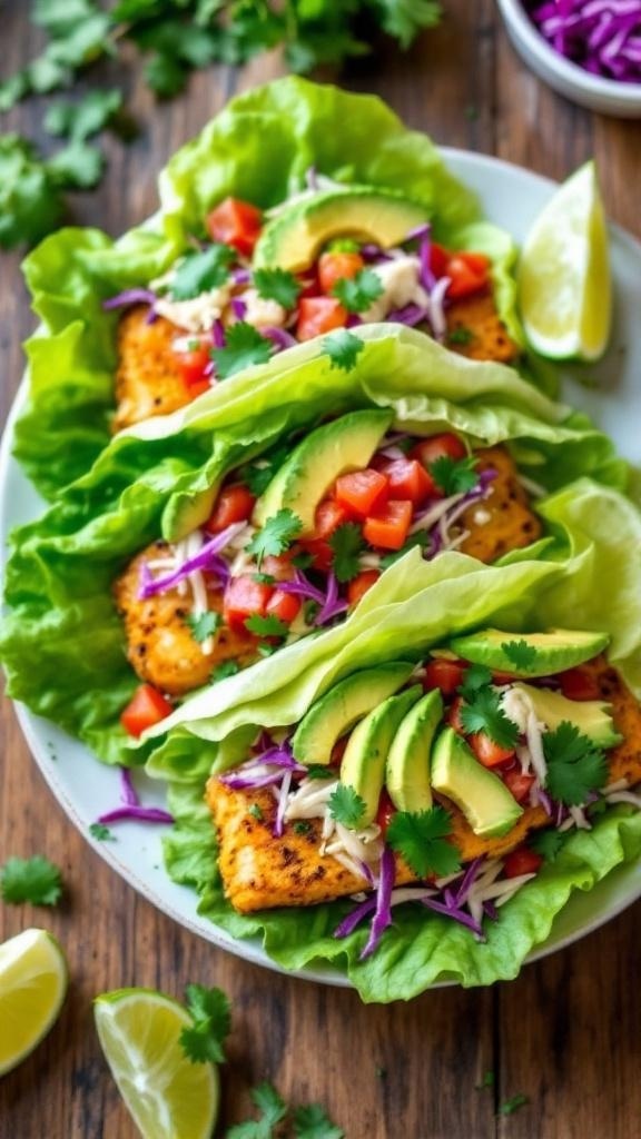 Low carb fish tacos in lettuce wraps with fish, tomatoes, avocado, and cabbage, garnished with cilantro and lime.