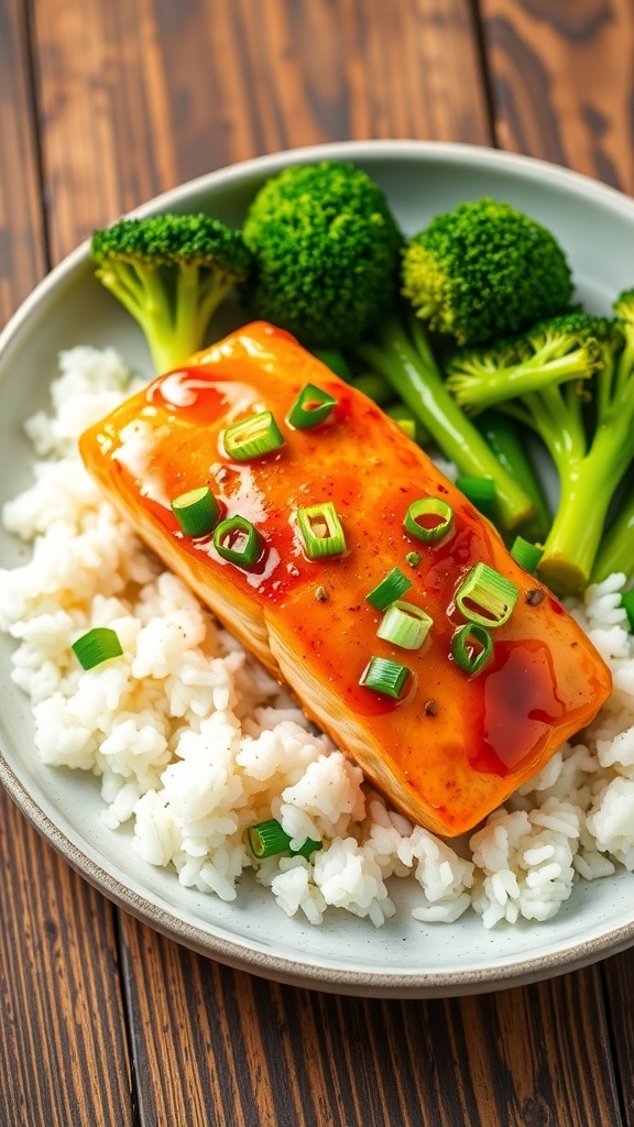 Spicy honey garlic salmon fillets garnished with green onions, served with broccoli and rice on a rustic table.