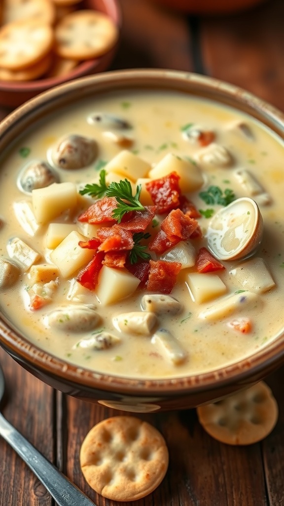 A bowl of creamy New England clam chowder with clams, potatoes, and bacon, garnished with parsley, on a wooden table with oyster crackers.