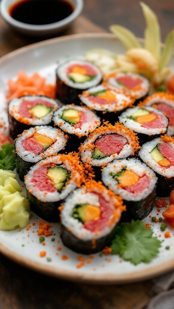 Sliced spicy tuna and avocado sushi rolls on a plate with pickled ginger and soy sauce.