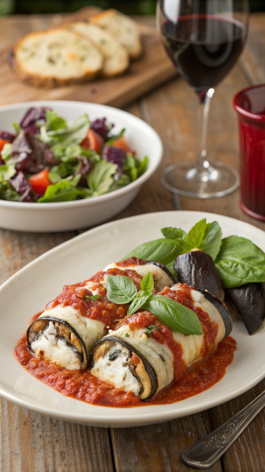 Eggplant rollatini filled with ricotta cheese, topped with marinara sauce and mozzarella, garnished with basil.