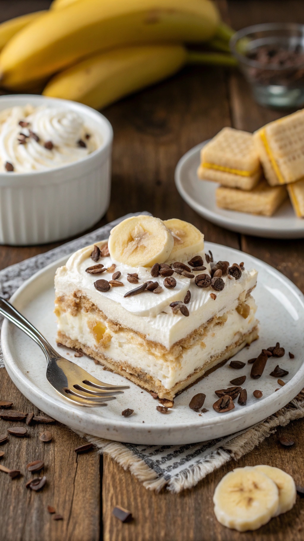 Creamy Banana Icebox Cake Recipe A slice of banana icebox cake with layers of cream and bananas, garnished with chocolate shavings, on a rustic table.