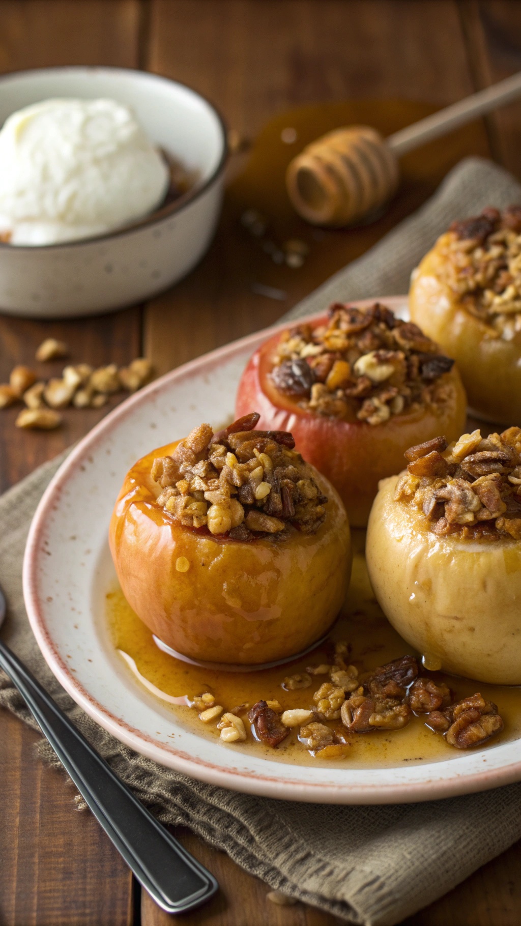 Baked apples filled with crunchy topping, served with yogurt on a rustic table.