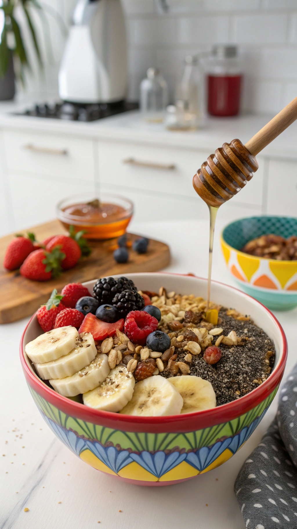 A nutritious banana quinoa bowl with sliced bananas, nuts, and honey, garnished with berries and chia seeds.
