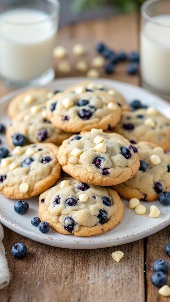 Healthy Blueberry White Chocolate Chip Cookies A plate of golden blueberry white chocolate chip cookies with blueberries and white chocolate chips, on a rustic wooden table with a glass of milk.