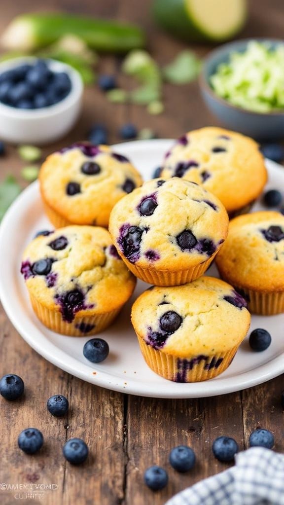 Freshly baked blueberry zucchini muffins on a plate with blueberries and grated zucchini.