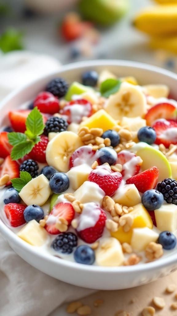 A colorful creamy fruit salad with berries, bananas, and apples, topped with nuts in a bright kitchen.